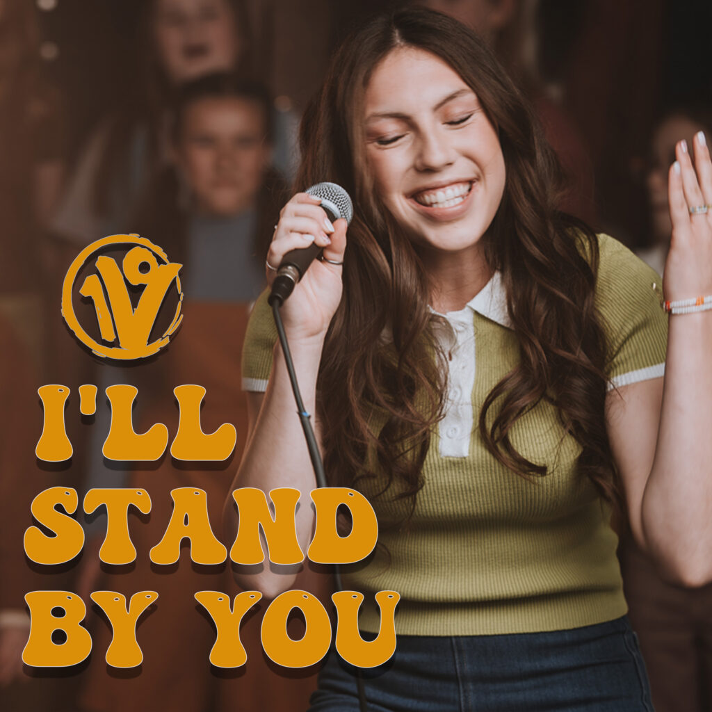 I'll Stand By You CD music cover. Girl singing happily with microphone with choir in the background.